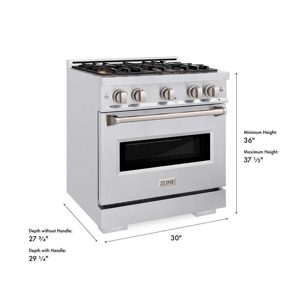 ZLINE 30 in. 4.2 cu. ft. Classic Gas Range with 4 Burner DuoPro™ Cooktop and Convection Gas Oven in Satin Stainless Steel (PCGRS-30) dimensional diagram.