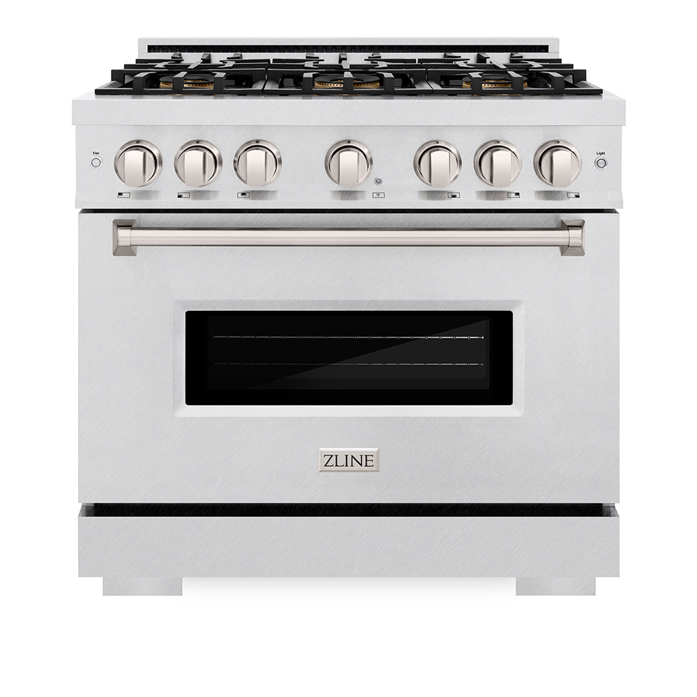 ZLINE 36 in. 5.2 cu. ft. Classic Gas Range with 6 Burner DuoPro™ Cooktop and Convection Gas Oven in Satin Stainless Steel (PCGRS-36) front, oven closed.