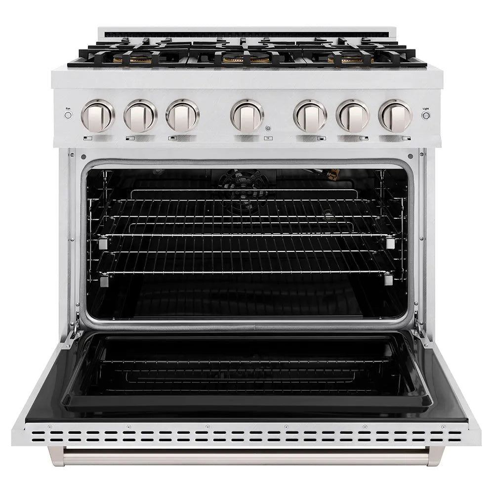 ZLINE 36 in. 5.2 cu. ft. Classic Gas Range with 6 Burner DuoPro™ Cooktop and Convection Gas Oven in Satin Stainless Steel (PCGRS-36) front, oven open.