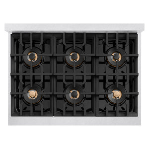 ZLINE 36 in. 5.2 cu. ft. Classic Gas Range with 6 Burner DuoPro™ Cooktop and Convection Gas Oven in Satin Stainless Steel (PCGRS-36) top-down, above cooktop.