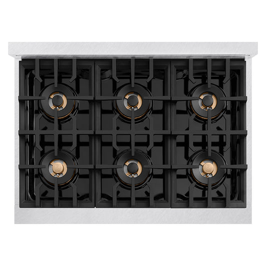 ZLINE 36 in. 5.2 cu. ft. Classic Gas Range with 6 Burner DuoPro™ Cooktop and Convection Gas Oven in Satin Stainless Steel (PCGRS-36) top-down, above cooktop.