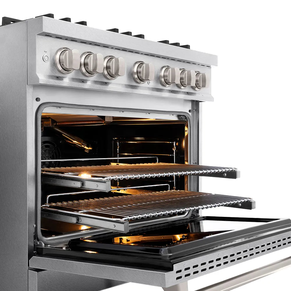 ZLINE 36 in. 5.2 cu. ft. Classic Gas Range with 6 Burner DuoPro™ Cooktop and Convection Gas Oven in Satin Stainless Steel (PCGRS-36) open oven with racks inside, showing interior design and layout.
