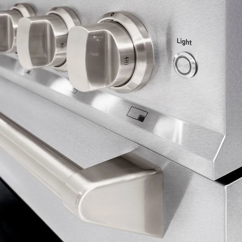 ZLINE 36 in. 5.2 cu. ft. Classic Gas Range with 6 Burner DuoPro™ Cooktop and Convection Gas Oven in Satin Stainless Steel (PCGRS-36) cooktop and oven knobs.
