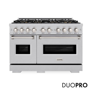 ZLINE 48 in. 6.7 cu. ft. Classic Gas Range with 8 Burner DuoPro™ Cooktop and Dual Ovens in Satin Stainless Steel (PCGRS-48) front, with DuoPro™ logo.