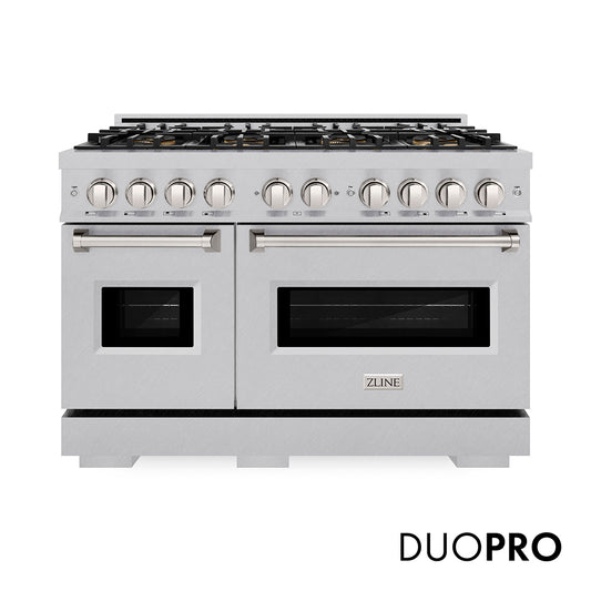 ZLINE 48 in. 6.7 cu. ft. Classic Gas Range with 8 Burner DuoPro™ Cooktop and Dual Ovens in Satin Stainless Steel (PCGRS-48) front, with DuoPro™ logo.
