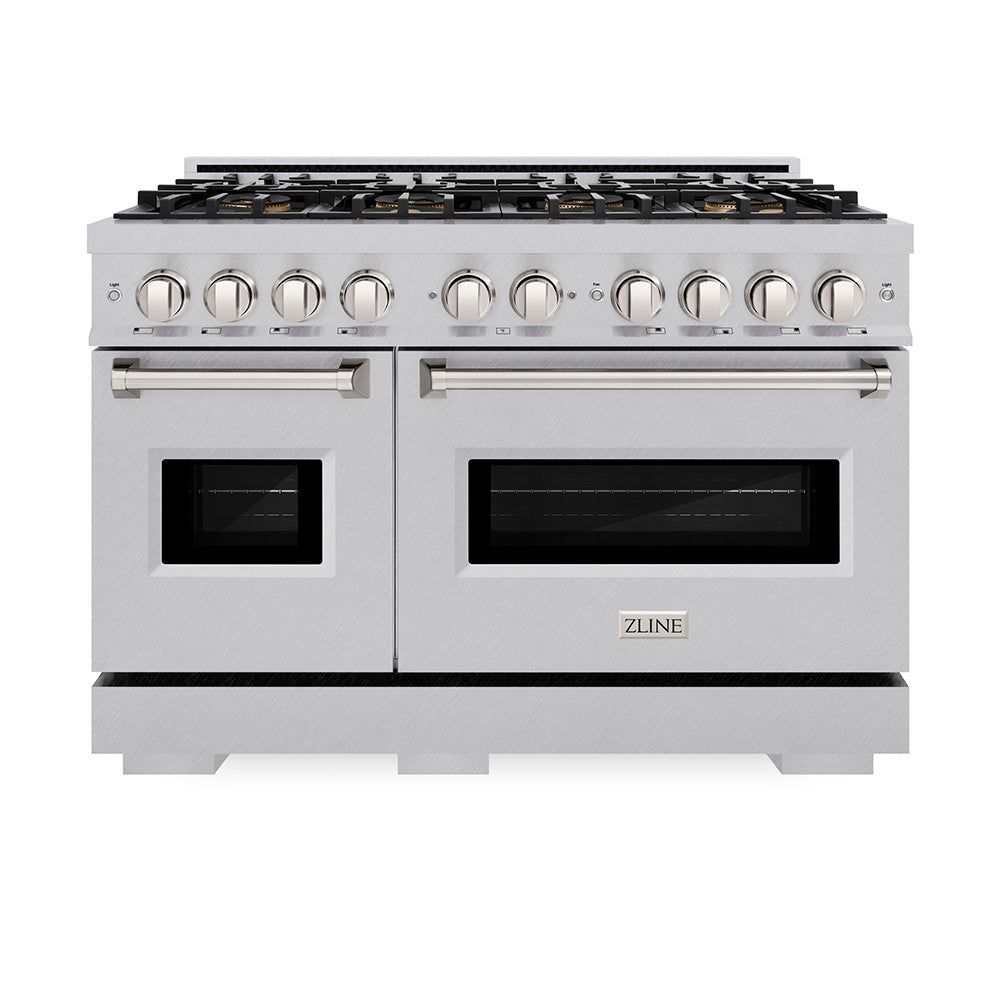 ZLINE 48 in. 6.7 cu. ft. Classic Gas Range with 8 Burner DuoPro™ Cooktop and Dual Ovens in Satin Stainless Steel (PCGRS-48) front, oven closed.