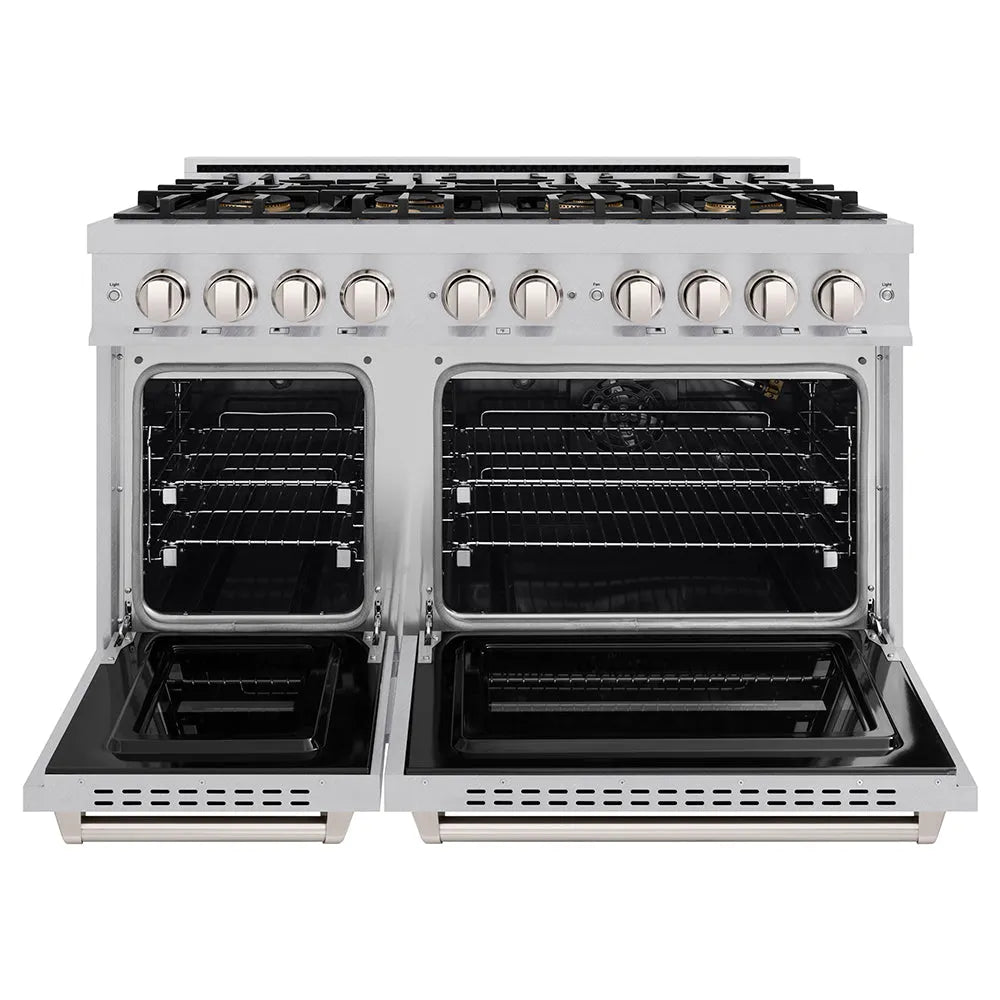 ZLINE 48 in. 6.7 cu. ft. Classic Gas Range with 8 Burner DuoPro™ Cooktop and Dual Ovens in Satin Stainless Steel (PCGRS-48) front, oven open.