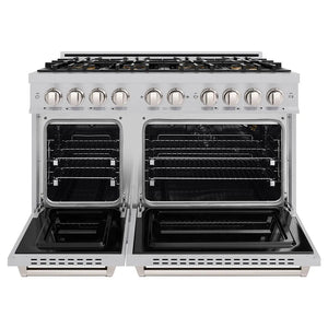 ZLINE 48 in. 6.7 cu. ft. Classic Gas Range with 8 Burner DuoPro™ Cooktop and Dual Ovens in Satin Stainless Steel (PCGRS-48) front, oven open.