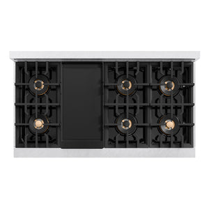 ZLINE 48 in. 6.7 cu. ft. Classic Gas Range with 8 Burner DuoPro™ Cooktop and Dual Ovens in Satin Stainless Steel (PCGRS-48) top-down, above cooktop with griddle.