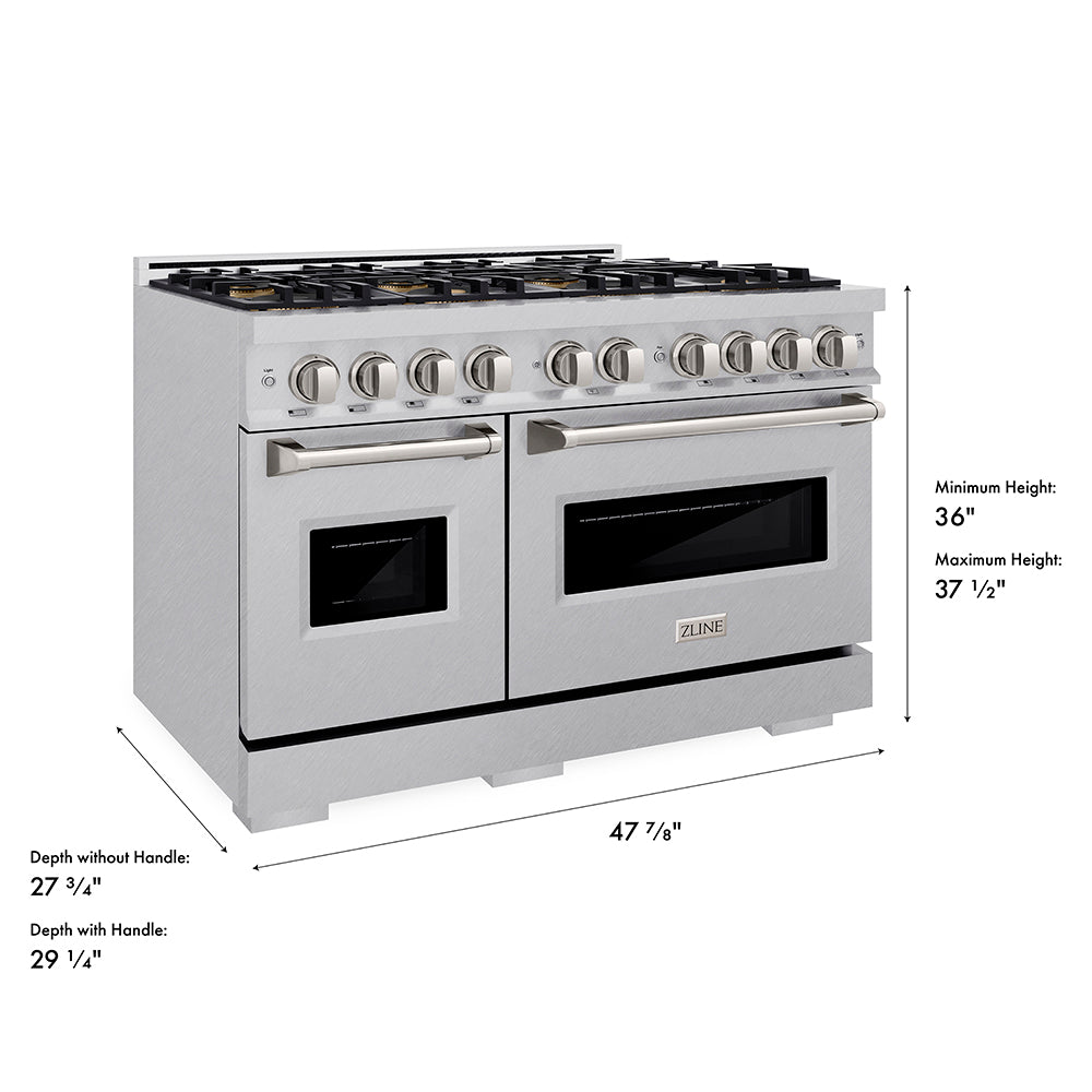 ZLINE 48 in. 6.7 cu. ft. Classic Gas Range with 8 Burner DuoPro™ Cooktop and Dual Ovens in Satin Stainless Steel (PCGRS-48) dimensional diagram.