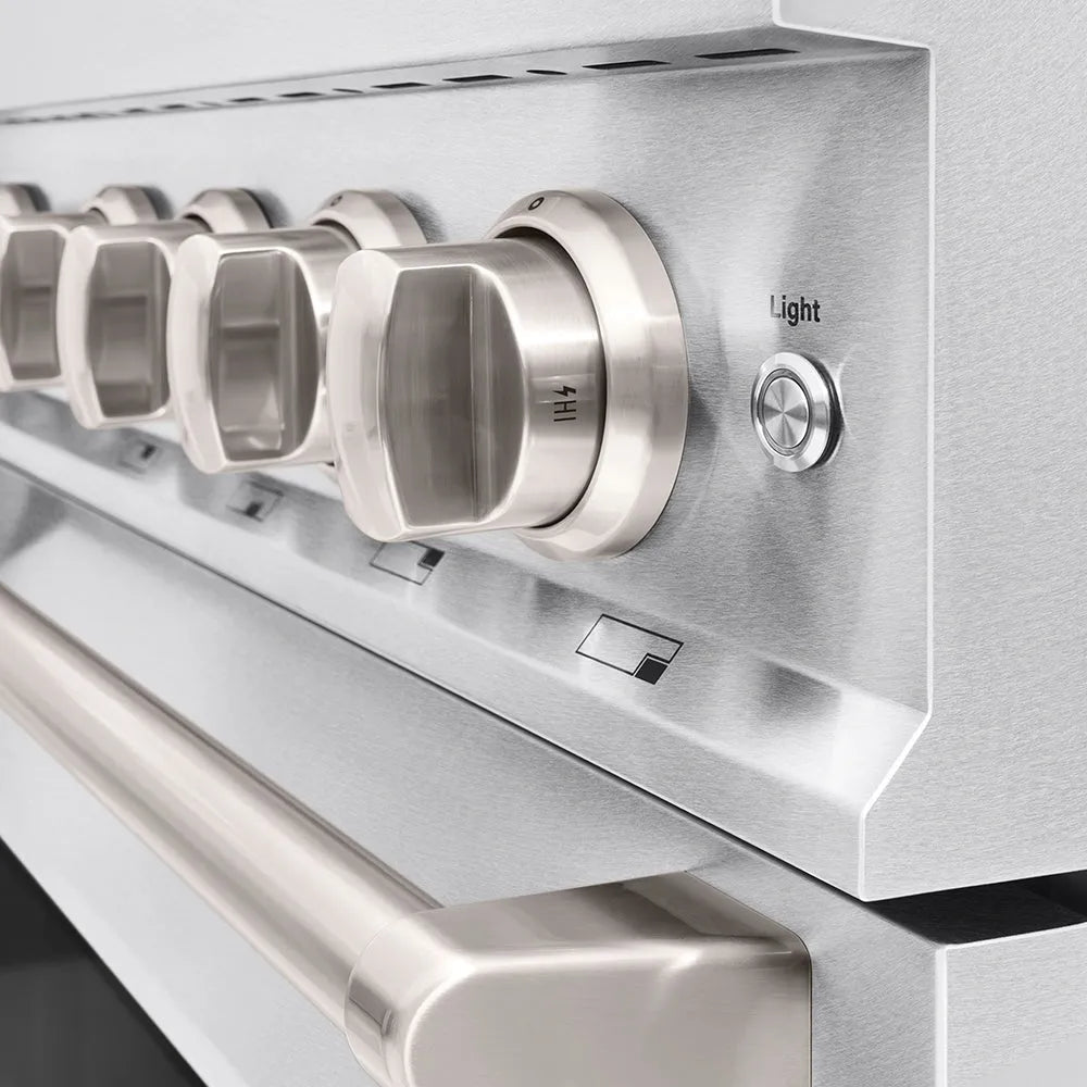 ZLINE 48 in. 6.7 cu. ft. Classic Gas Range with 8 Burner DuoPro™ Cooktop and Dual Ovens in Satin Stainless Steel (PCGRS-48) cooktop and oven knobs.