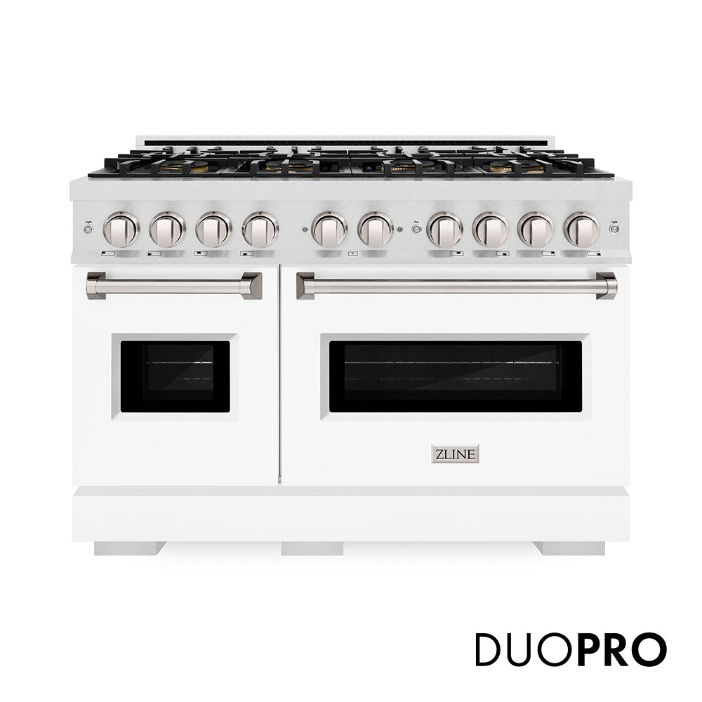 ZLINE 48 in. 6.7 cu. ft. Classic Gas Range with 8 Burner DuoPro™ Cooktop and Dual Ovens in Satin Stainless Steel with White Matte Doors (PCGRS-WM-48) front, with DuoPro™ logo.