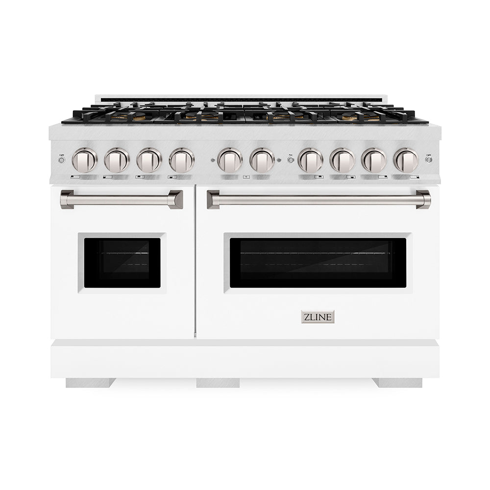 ZLINE 48 in. 6.7 cu. ft. Classic Gas Range with 8 Burner DuoPro™ Cooktop and Dual Ovens in Satin Stainless Steel with White Matte Doors (PCGRS-WM-48) front.