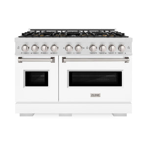 ZLINE 48 in. 6.7 cu. ft. Classic Gas Range with 8 Burner DuoPro™ Cooktop and Dual Ovens in Satin Stainless Steel with White Matte Doors (PCGRS-WM-48) front.