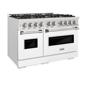 ZLINE 48 in. 6.7 cu. ft. Classic Gas Range with 8 Burner DuoPro™ Cooktop and Dual Ovens in Satin Stainless Steel with White Matte Doors (PCGRS-WM-48) side, oven closed.