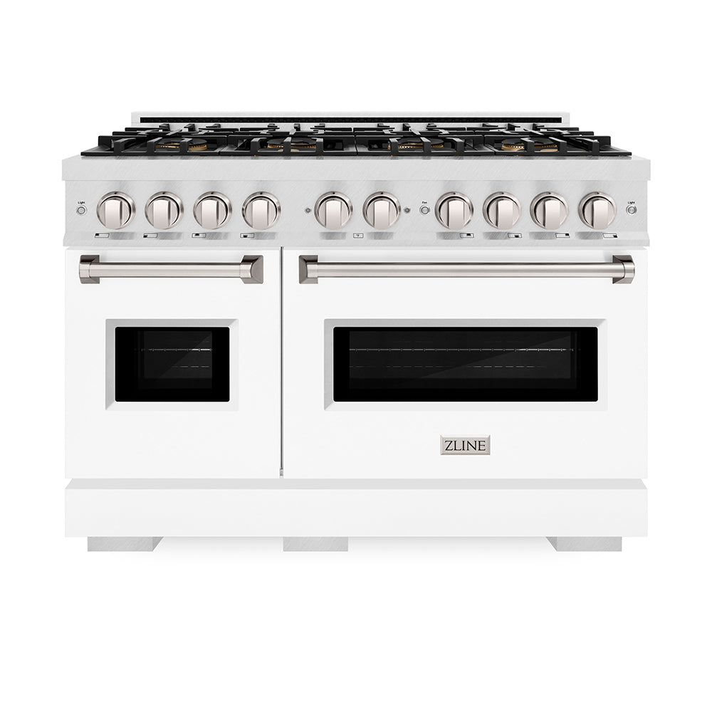 ZLINE 48 in. 6.7 cu. ft. Classic Gas Range with 8 Burner DuoPro™ Cooktop and Dual Ovens in Satin Stainless Steel with White Matte Doors (PCGRS-WM-48) front, oven closed.