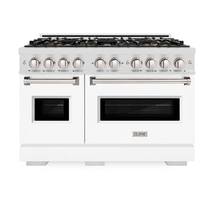 ZLINE 48 in. 6.7 cu. ft. Classic Gas Range with 8 Burner DuoPro™ Cooktop and Dual Ovens in Satin Stainless Steel with White Matte Doors (PCGRS-WM-48) front, oven closed.