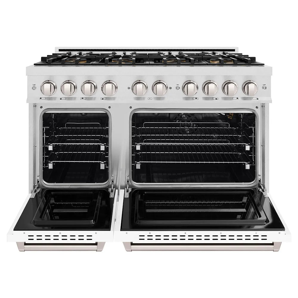 ZLINE 48 in. 6.7 cu. ft. Classic Gas Range with 8 Burner DuoPro™ Cooktop and Dual Ovens in Satin Stainless Steel with White Matte Doors (PCGRS-WM-48) front, oven open.