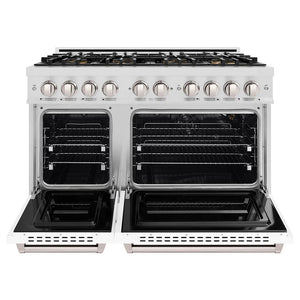 ZLINE 48 in. 6.7 cu. ft. Classic Gas Range with 8 Burner DuoPro™ Cooktop and Dual Ovens in Satin Stainless Steel with White Matte Doors (PCGRS-WM-48) front, oven open.