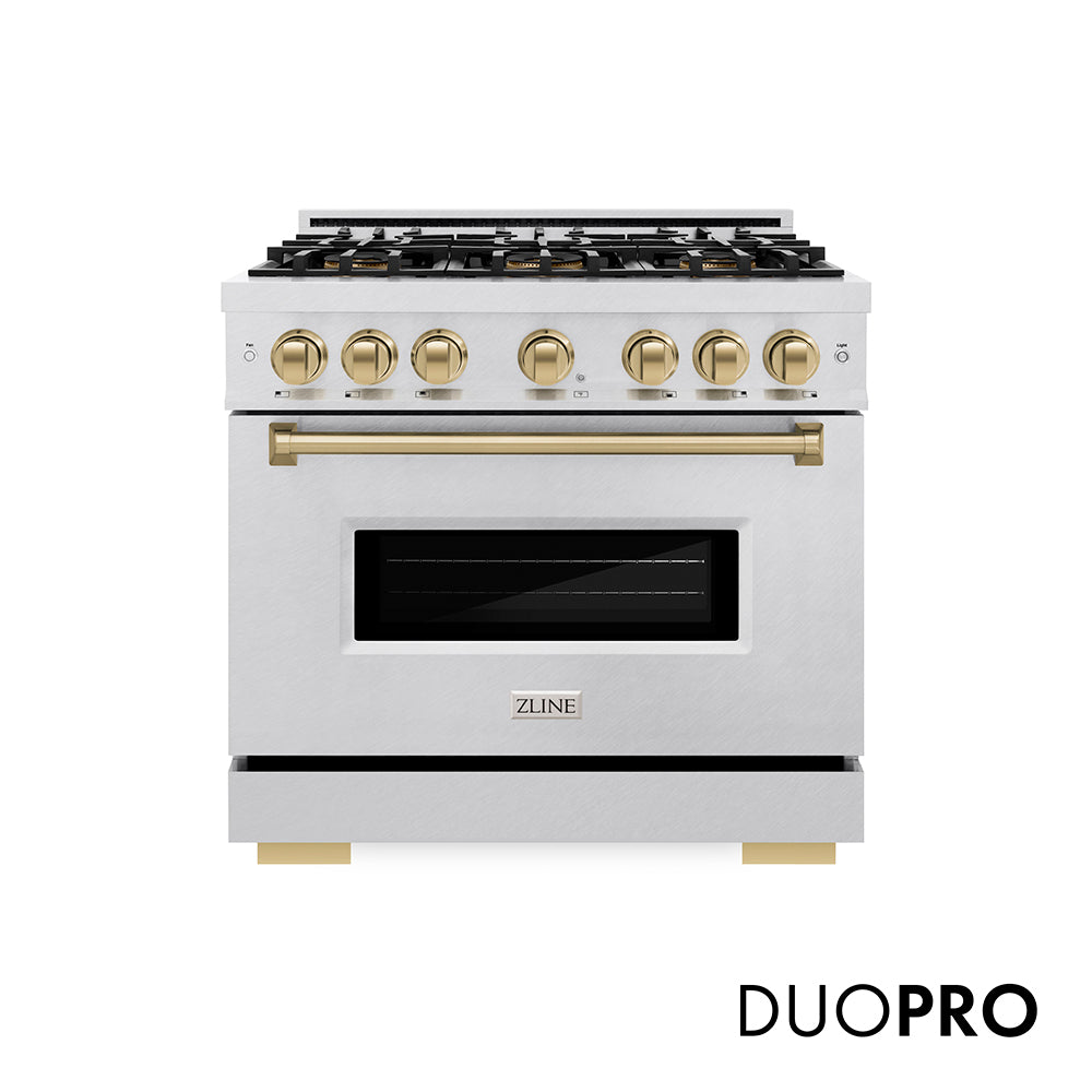 ZLINE Autograph Edition 36 in. 5.2 cu. ft. Classic Gas Range with 6 Burner DuoPro™ Cooktop and Convection Gas Oven in Satin Stainless Steel and Champagne Bronze Accents (PCGRSZ-36-CB) front, with DuoPro™ logo.