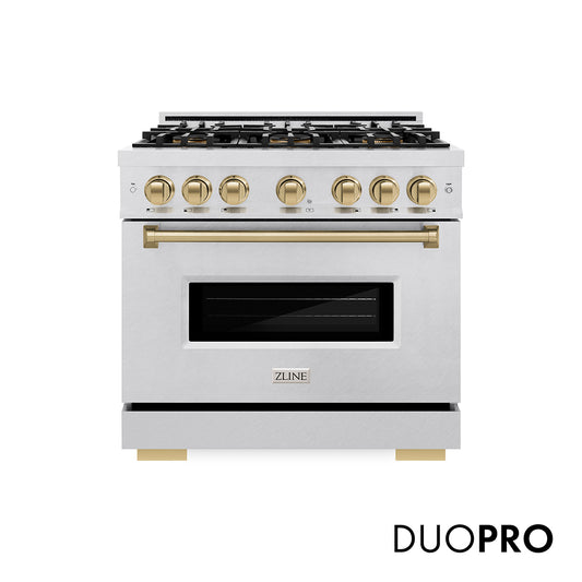 ZLINE Autograph Edition 36 in. 5.2 cu. ft. Classic Gas Range with 6 Burner DuoPro™ Cooktop and Convection Gas Oven in Satin Stainless Steel and Champagne Bronze Accents (PCGRSZ-36-CB) front, with DuoPro™ logo.