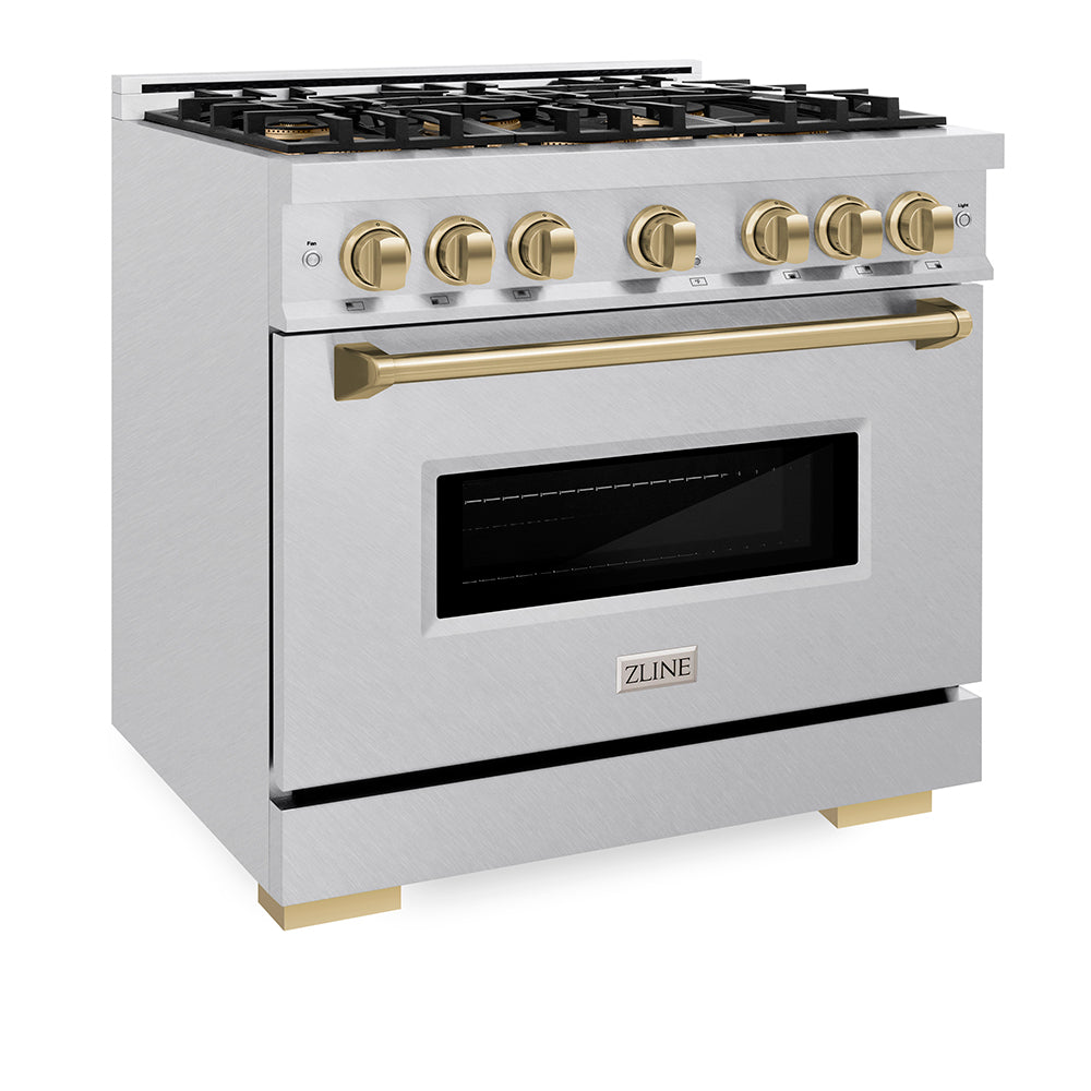 ZLINE Autograph Edition 36 in. 5.2 cu. ft. Classic Gas Range with 6 Burner DuoPro™ Cooktop and Convection Gas Oven in Satin Stainless Steel and Champagne Bronze Accents (PCGRSZ-36-CB) side, oven closed.