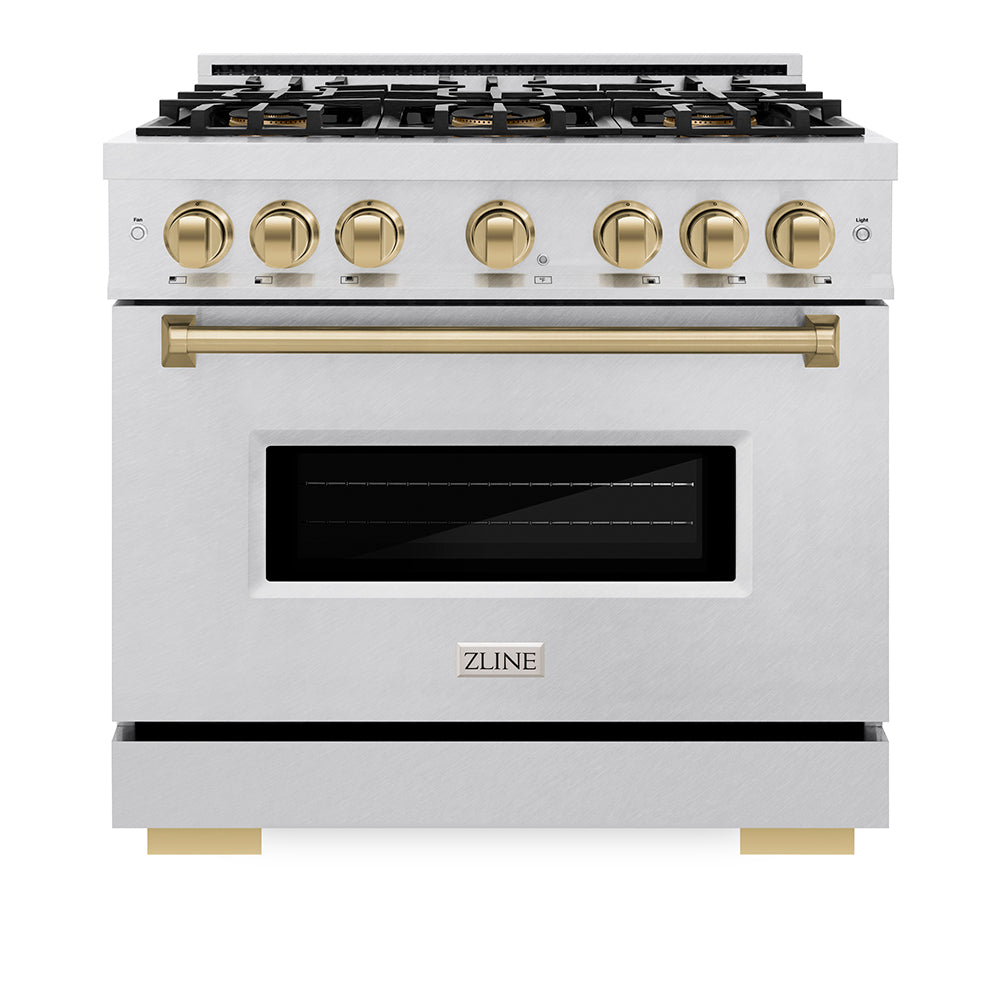 ZLINE Autograph Edition 36 in. 5.2 cu. ft. Classic Gas Range with 6 Burner DuoPro™ Cooktop and Convection Gas Oven in Satin Stainless Steel and Champagne Bronze Accents (PCGRSZ-36-CB) front, oven closed.