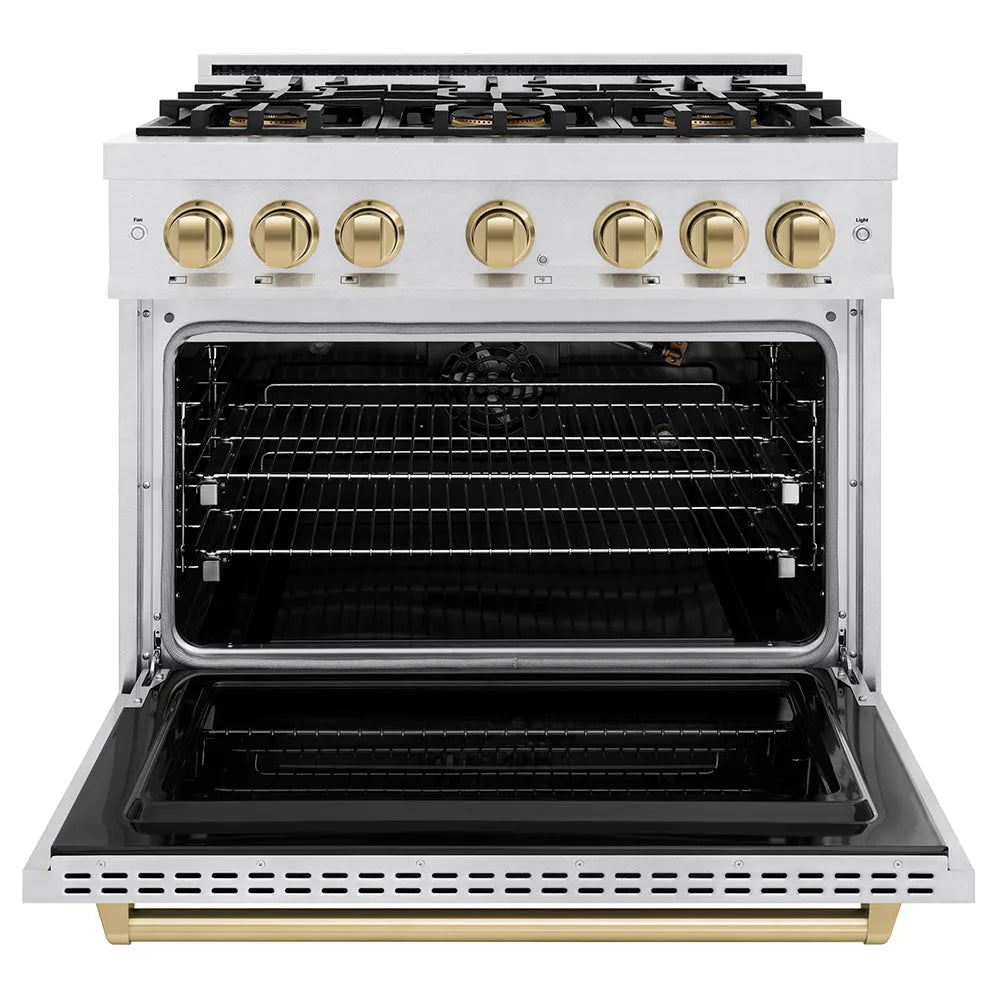 ZLINE Autograph Edition 36 in. 5.2 cu. ft. Classic Gas Range with 6 Burner DuoPro™ Cooktop and Convection Gas Oven in Satin Stainless Steel and Champagne Bronze Accents (PCGRSZ-36-CB) front, oven open.