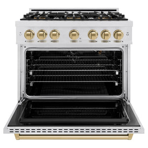 ZLINE Autograph Edition 36 in. 5.2 cu. ft. Classic Gas Range with 6 Burner DuoPro™ Cooktop and Convection Gas Oven in Satin Stainless Steel and Champagne Bronze Accents (PCGRSZ-36-CB) front, oven open.
