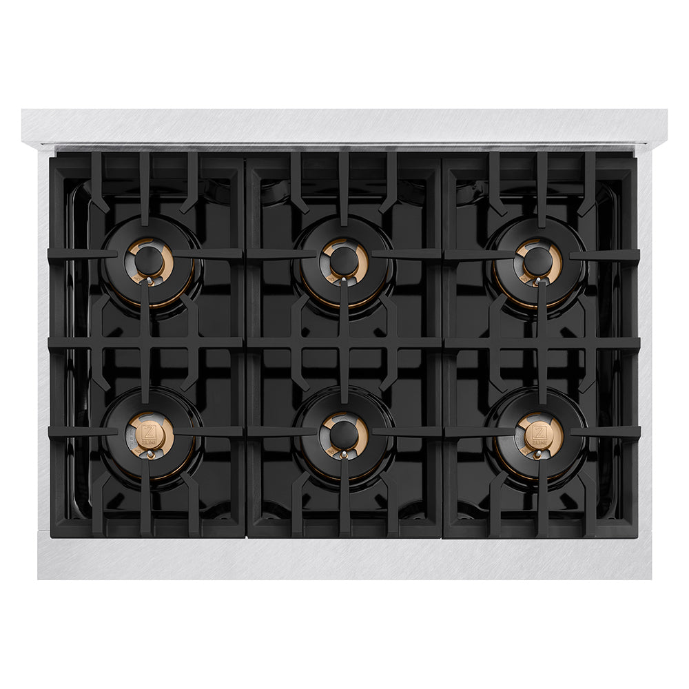 ZLINE Autograph Edition 36 in. 5.2 cu. ft. Classic Gas Range with 6 Burner DuoPro™ Cooktop and Convection Gas Oven in Satin Stainless Steel and Champagne Bronze Accents (PCGRSZ-36-CB) top-down, above cooktop.