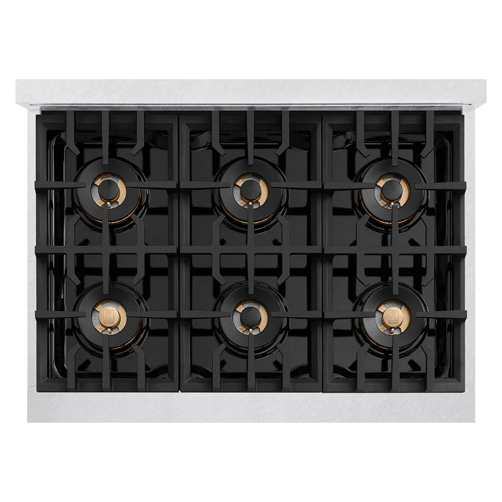 ZLINE Autograph Edition 36 in. 5.2 cu. ft. Classic Gas Range with 6 Burner DuoPro™ Cooktop and Convection Gas Oven in Satin Stainless Steel and Champagne Bronze Accents (PCGRSZ-36-CB) top-down, above cooktop.