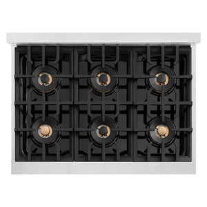 ZLINE Autograph Edition 36 in. 5.2 cu. ft. Classic Gas Range with 6 Burner DuoPro™ Cooktop and Convection Gas Oven in Satin Stainless Steel and Champagne Bronze Accents (PCGRSZ-36-CB) top-down, above cooktop.