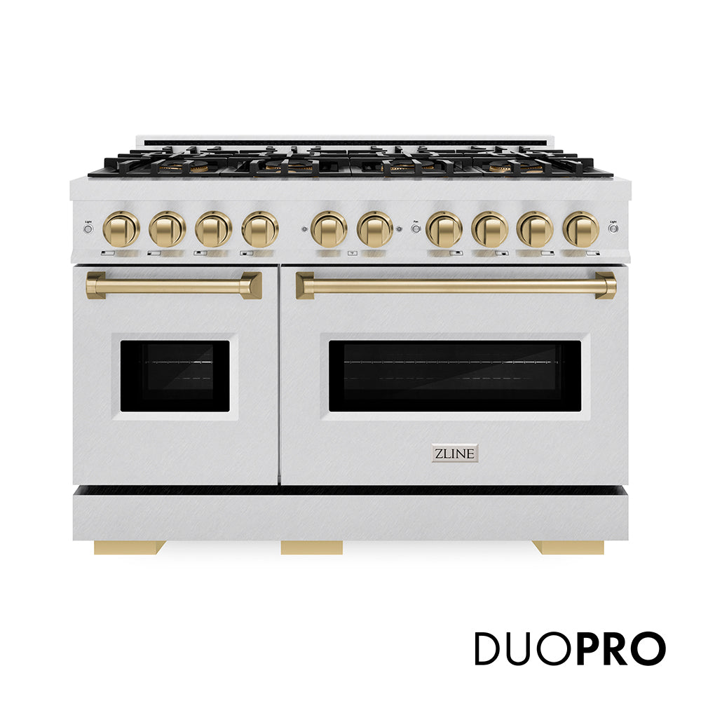 ZLINE Autograph Edition 48 in. 6.7 cu. ft. Classic Gas Range with 8 Burner DuoPro™ Cooktop and Dual Ovens in Satin Stainless Steel and Champagne Bronze Accents (PCGRSZ-48-CB) front, with DuoPro™ logo.
