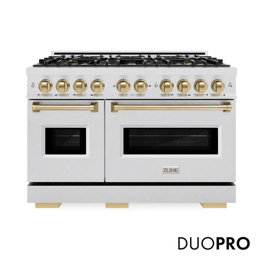 ZLINE Autograph Edition 48 in. 6.7 cu. ft. Classic Gas Range with 8 Burner DuoPro™ Cooktop and Dual Ovens in Satin Stainless Steel and Champagne Bronze Accents (PCGRSZ-48-CB) main image.