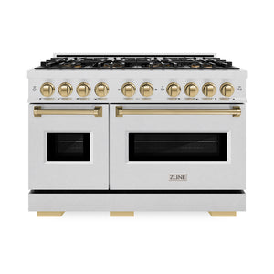 ZLINE Autograph Edition 48 in. 6.7 cu. ft. Classic Gas Range with 8 Burner DuoPro™ Cooktop and Dual Ovens in Satin Stainless Steel and Champagne Bronze Accents (PCGRSZ-48-CB) front.