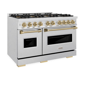ZLINE Autograph Edition 48 in. 6.7 cu. ft. Classic Gas Range with 8 Burner DuoPro™ Cooktop and Dual Ovens in Satin Stainless Steel and Champagne Bronze Accents (PCGRSZ-48-CB) side, oven closed.