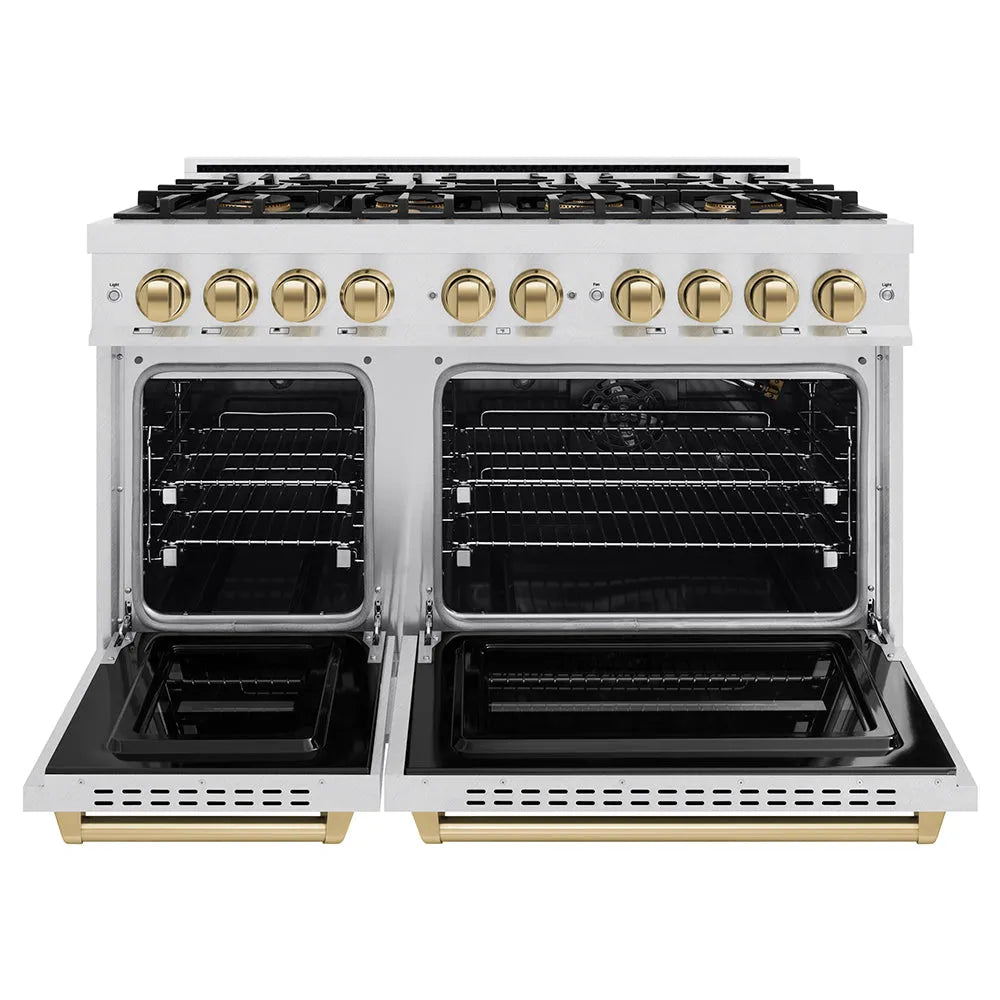 ZLINE Autograph Edition 48 in. 6.7 cu. ft. Classic Gas Range with 8 Burner DuoPro™ Cooktop and Dual Ovens in Satin Stainless Steel and Champagne Bronze Accents (PCGRSZ-48-CB) front, oven open.