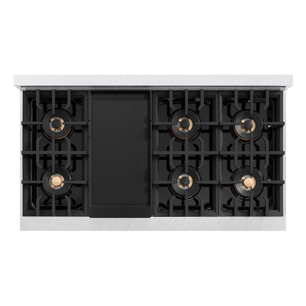 ZLINE Autograph Edition 48 in. 6.7 cu. ft. Classic Gas Range with 8 Burner DuoPro™ Cooktop and Dual Ovens in Satin Stainless Steel and Champagne Bronze Accents (PCGRSZ-48-CB) top-down, above cooktop with griddle.