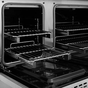 ZLINE Autograph Edition 48 in. 6.7 cu. ft. Classic Gas Range with 8 Burner DuoPro™ Cooktop and Dual Ovens in Satin Stainless Steel and Champagne Bronze Accents (PCGRSZ-48-CB) open oven with racks inside, showing interior design and layout.