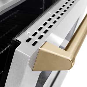 ZLINE Autograph Edition 48 in. 6.7 cu. ft. Classic Gas Range with 8 Burner DuoPro™ Cooktop and Dual Ovens in Satin Stainless Steel and Champagne Bronze Accents (PCGRSZ-48-CB) close-up, oven door handle.