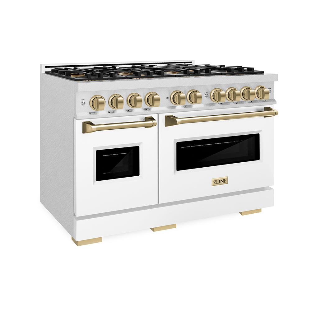 ZLINE Autograph Edition 48 in. 6.7 cu. ft. Classic Gas Range with 8 Burner DuoPro™ Cooktop and Dual Ovens in Satin Stainless Steel with White Matte Doors and Champagne Bronze Accents (PCGRSZ-WM-48-CB) side.