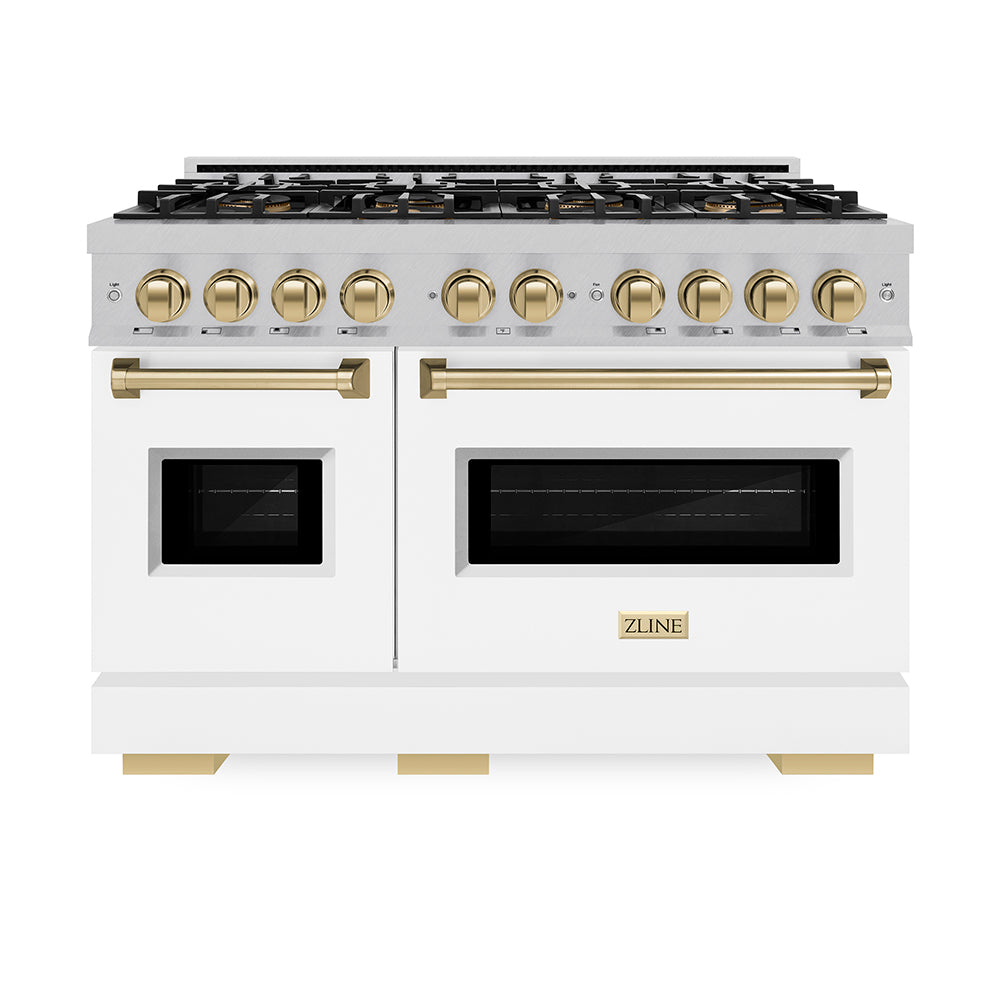 ZLINE Autograph Edition 48 in. 6.7 cu. ft. Classic Gas Range with 8 Burner DuoPro™ Cooktop and Dual Ovens in Satin Stainless Steel with White Matte Doors and Champagne Bronze Accents (PCGRSZ-WM-48-CB) front, oven closed.
