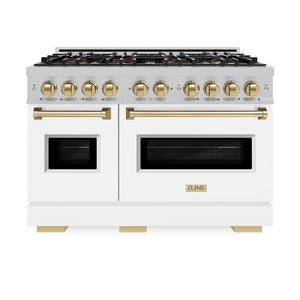 ZLINE Autograph Edition 48 in. 6.7 cu. ft. Classic Gas Range with 8 Burner DuoPro™ Cooktop and Dual Ovens in Satin Stainless Steel with White Matte Doors and Champagne Bronze Accents (PCGRSZ-WM-48-CB) front, oven closed.