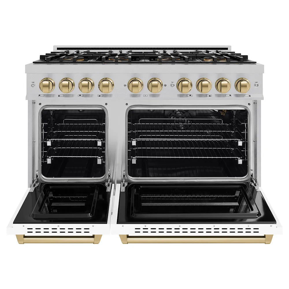 ZLINE Autograph Edition 48 in. 6.7 cu. ft. Classic Gas Range with 8 Burner DuoPro™ Cooktop and Dual Ovens in Satin Stainless Steel with White Matte Doors and Champagne Bronze Accents (PCGRSZ-WM-48-CB) front, oven open.