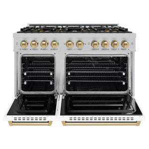 ZLINE Autograph Edition 48 in. 6.7 cu. ft. Classic Gas Range with 8 Burner DuoPro™ Cooktop and Dual Ovens in Satin Stainless Steel with White Matte Doors and Champagne Bronze Accents (PCGRSZ-WM-48-CB) front, oven open.
