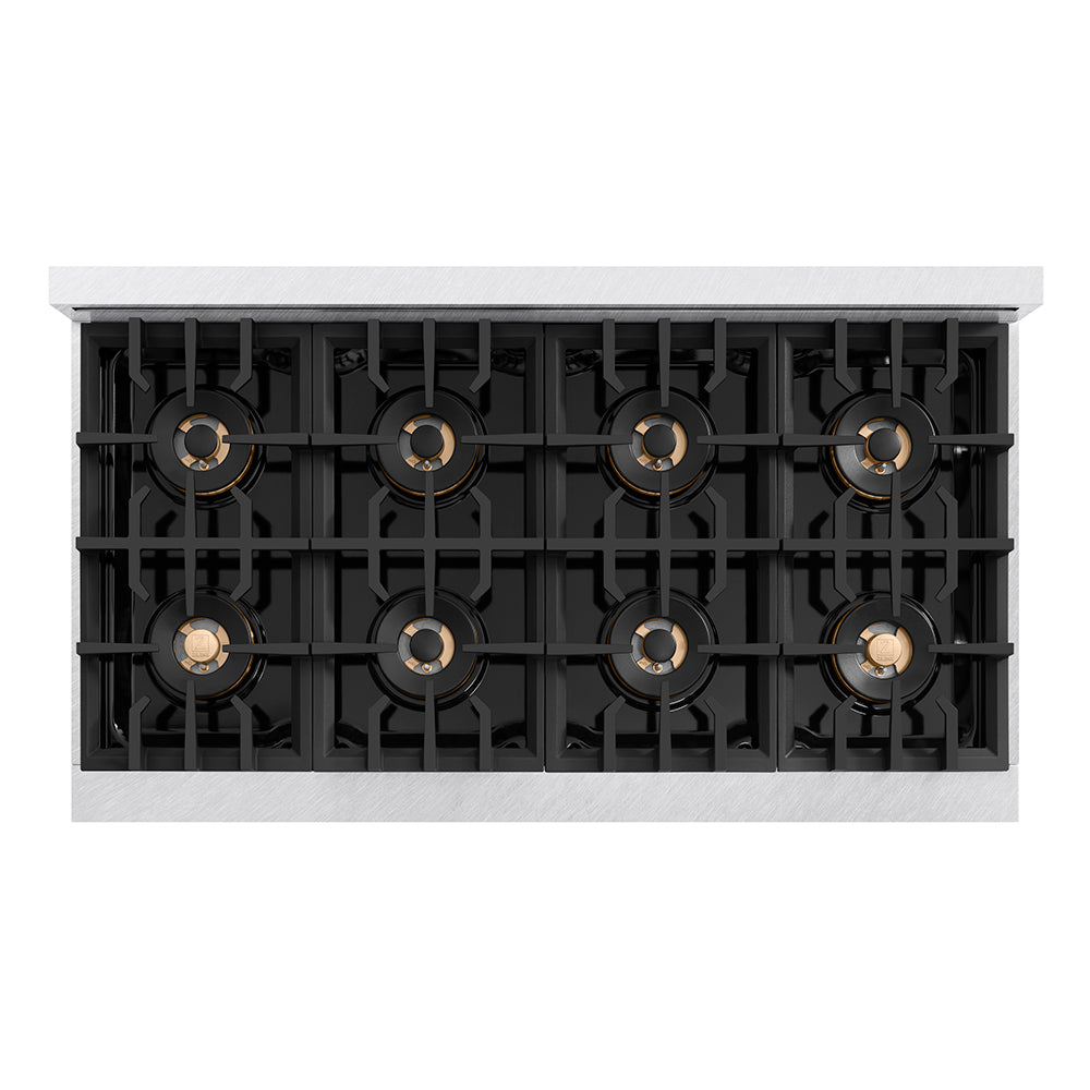 ZLINE Autograph Edition 48 in. 6.7 cu. ft. Classic Gas Range with 8 Burner DuoPro™ Cooktop and Dual Ovens in Satin Stainless Steel with White Matte Doors and Champagne Bronze Accents (PCGRSZ-WM-48-CB) top-down, above cooktop.