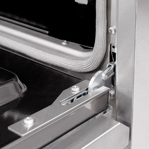 ZLINE 30 in. 4.2 cu. ft. Classic Dual Fuel Range with Gas Cooktop and Electric Convection Oven in Stainless Steel with 4 Brass Burners (CDR-BR-30) close-up, StayPut oven door hinge.