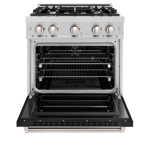 ZLINE 30 in. 4.2 cu. ft. Classic Dual Fuel Range with 4 Burner Gas Cooktop and Electric Convection Oven in Stainless Steel with Black Matte Door (CDR-BLM-30) front, oven open.