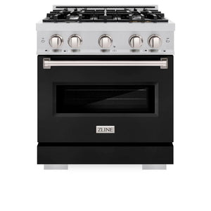 ZLINE 30 in. 4.2 cu. ft. Classic Dual Fuel Range with 4 Burner Gas Cooktop and Electric Convection Oven in Stainless Steel with Black Matte Door (CDR-BLM-30) front, oven closed.