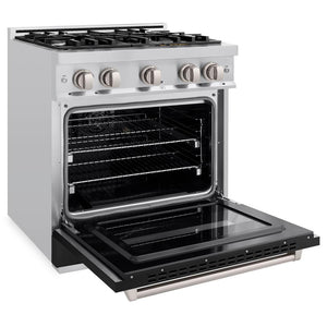ZLINE 30 in. 4.2 cu. ft. Classic Dual Fuel Range with 4 Burner Gas Cooktop and Electric Convection Oven in Stainless Steel with Black Matte Door (CDR-BLM-30) side, oven open.